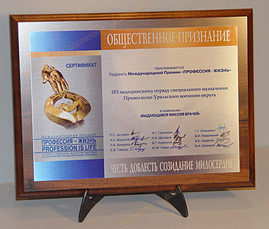 Сертификат - общественное признание лауреату Международной премии «Профессия-жизнь»